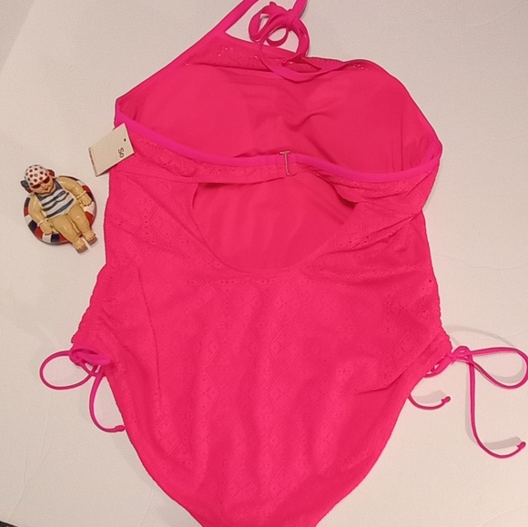 🆕Brand New! High Neck Crochet Overlay & Drawstring Hip Pink Women's Swimsuit 2X - Picture 6 of 11